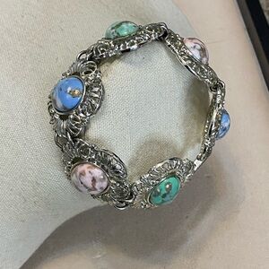 Vintage Sarah Coventry Easter Color Glass Cabochon Silver Tone Bracelet